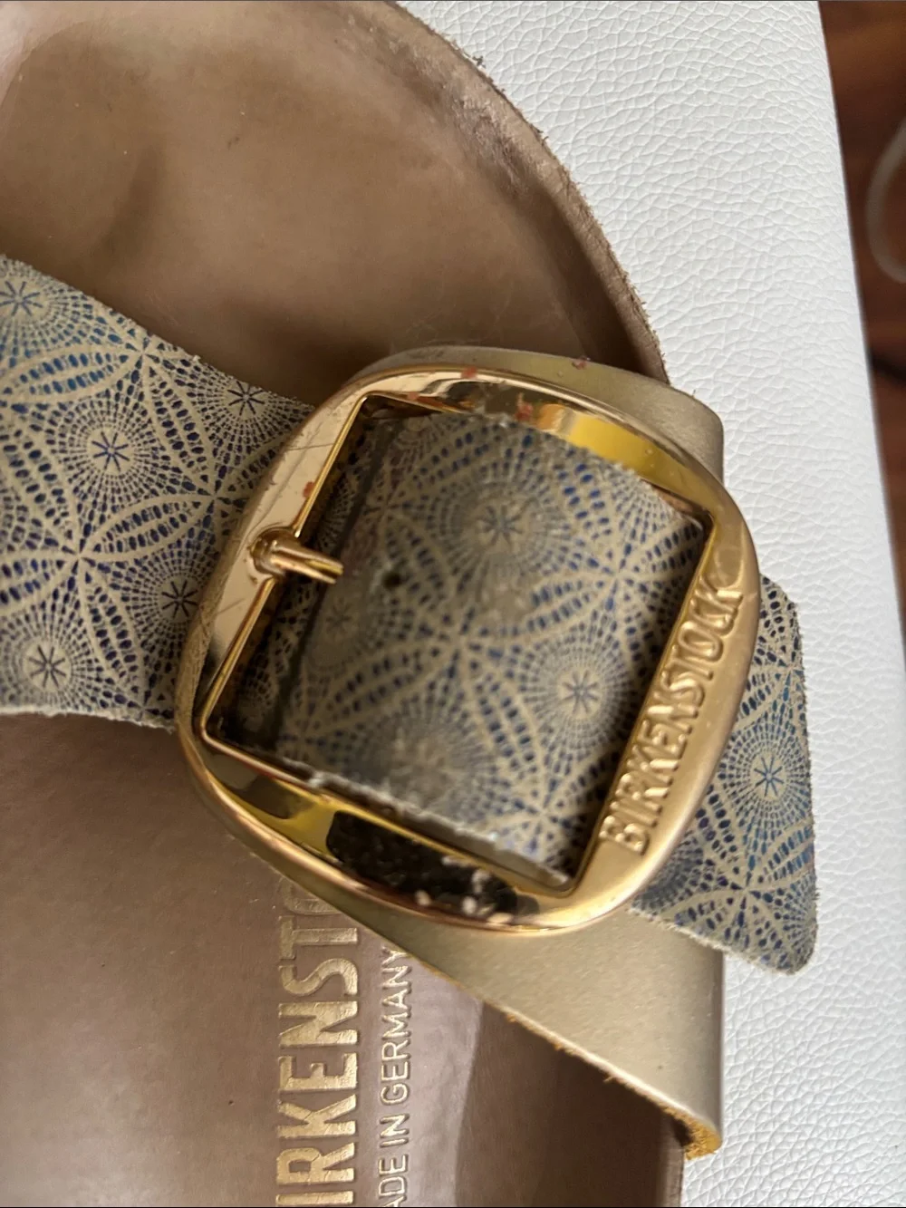 Birkenstock Single Buckle Sandals in Beige with Gold Buckles